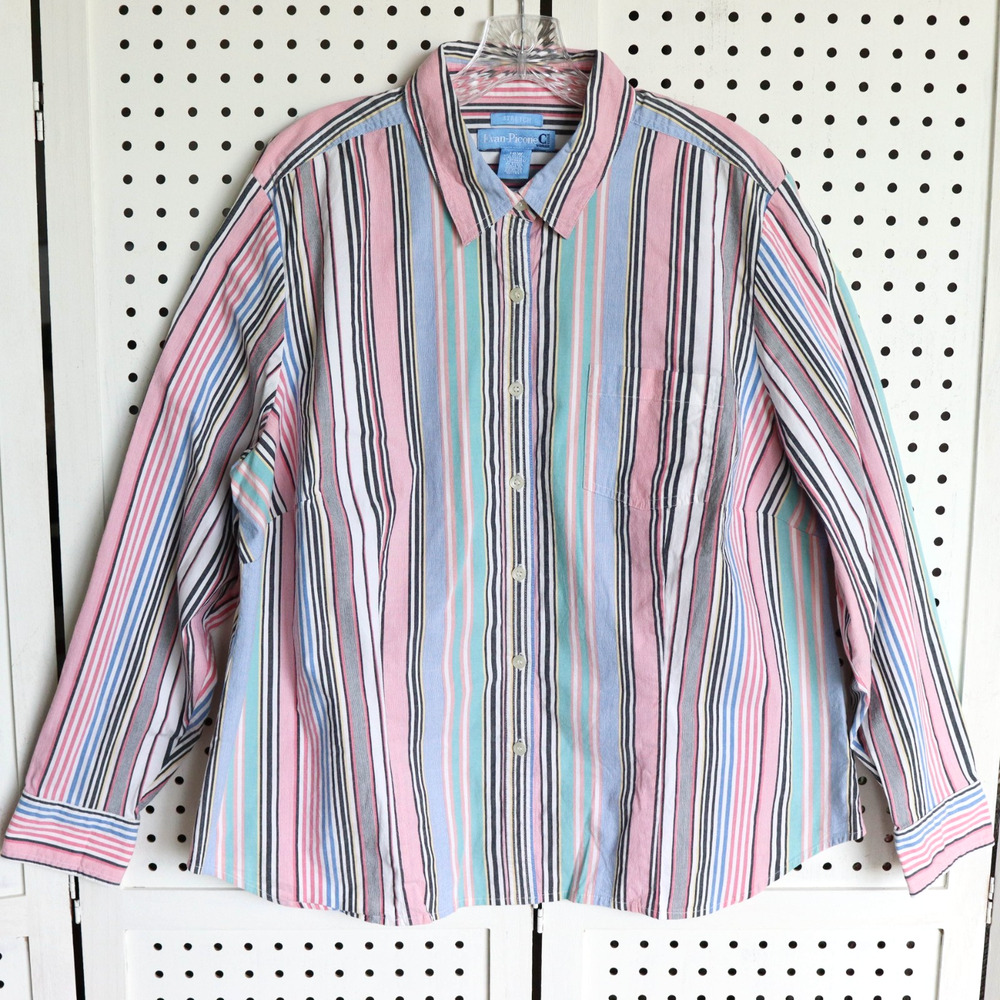 Evan Picone Casual Woman SIZE 18W Pastel Striped Button Up Long Sleeve Shirt